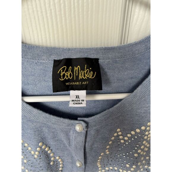 Bob Mackie Cardigan XL Women's Blue White Pearl Art Angel Easter Jewel - Picture 2 of 4